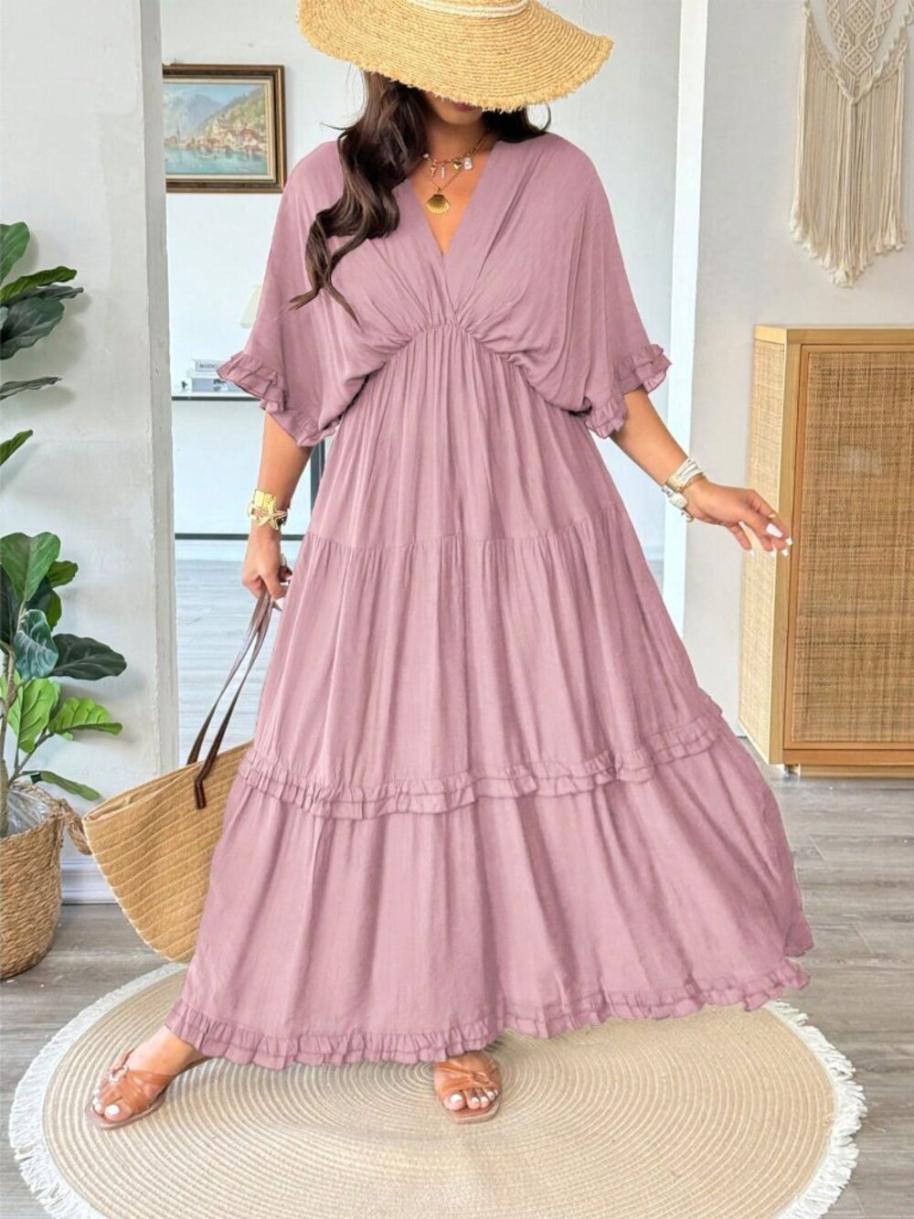 Pink Casual Women's Plus Size Boho Ruffle Trim maxi Dress